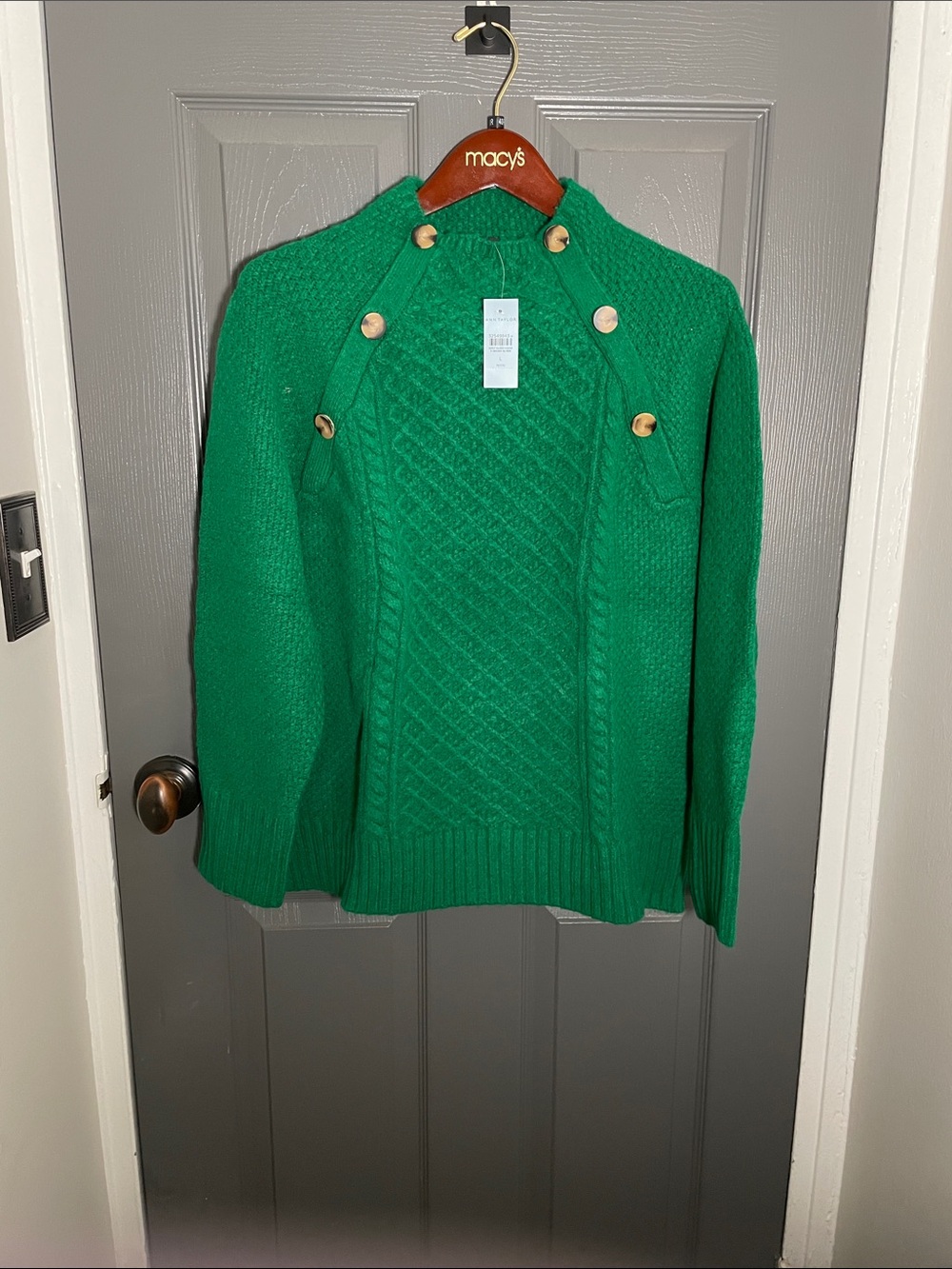 NWT NEW Ann Taylor Emerald Green Cable-Knit Sweater w/ Tortoise Buttons Large P